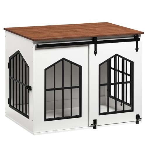 MAHANCRIS Dog Crate Furniture, 31.5" Farmhouse Dog Kennel with Sliding Barn Door, Wooden Dog Cage for Small Medium Dogs, Decorative Pet House Side End Table, Chew-Resistant, White and Walnut DCBA9601