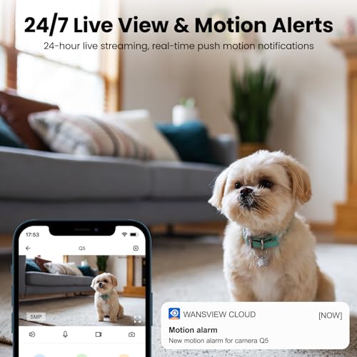 wansview 5MP UHD Pet Camera with Phone app, 5Ghz&2.4Ghz Dual Wi-Fi Security Camera Indoor for Monitoring Home/Baby/Cat/Dog, 2 Way Audio, 24/7 TF Card Storage(TF Card Not Included), Q5 (White)