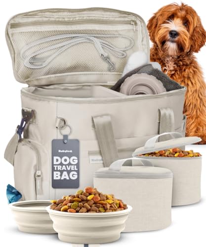 The Original Doggy Bag™ - Complete Dog Travel Bag for Supplies with 2 BPA-Free Travel Dog Bowls & 2 Pet Food Containers - Traveling Kit for Road Trips, Camping, Weekend Away or Doggy Gift: Beige