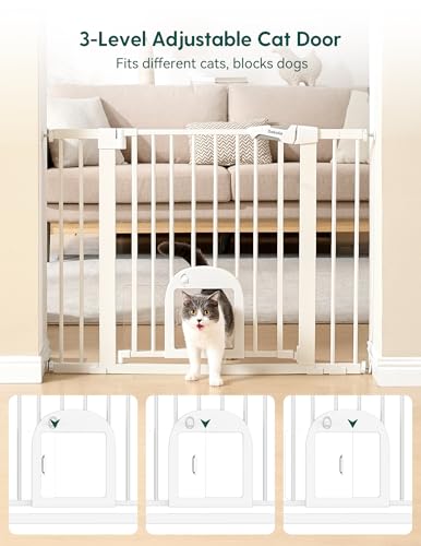 Babelio Baby Gate with Adjustable Cat Door,29-43" Auto Close Durable Pet Door for Stairs,Doorways and House,Pressure Mounted,Easy Install,Effortless Walk Thru,White