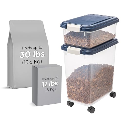 IRIS USA Dog Food Storage Container 30 lb + 11 lb, Stackable Combo Set, Airtight Pet Food Storage Bins with Wheels for Dog Cat Bird Chicken Food, BPA Free, Made in USA, Navy