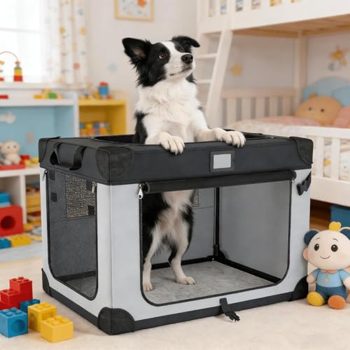 36 Inch Collapsible Travel Dog Crate for Large Dogs, Portable Dog Crate 3-Door Foldable Soft Kennel with Durable Mesh Windows, Warm Blanket and Foldable Bowl