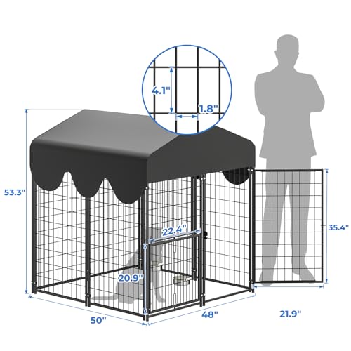 4x4x4.5ft Outdoor Dog Kennel, Metal Heavy Duty Dog Run with Rotating Door & 2 Adjustable Bowls, Dog Kennel Outside with Waterproof Cover, Pet Enclosure Indoor for Small/Medium/Large Dogs