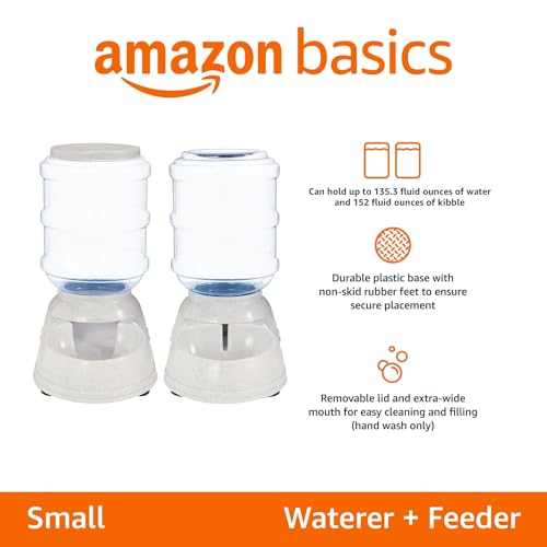 Amazon Basics Automatic Pet Water Dispenser and Gravity Food Feeder Set for Cat and Dog, Easy to Clean, 6-Pound Food Capacity, 1-Gallon, Small, Gray, Pack of 2