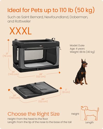 Feandrea Collapsible Dog Crate, 48-Inch Portable Dog Travel Crate for Extra Large Dogs, Oxford Fabric Pet Carrier with 4 Mesh Doors, Handles, Storage Pocket, Water Bottle Holder, Ink Black UPDC022BH01