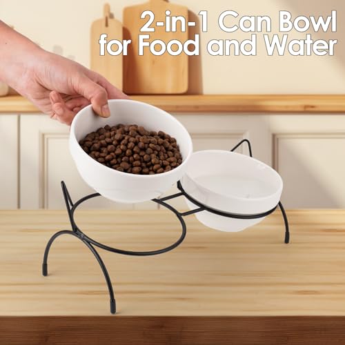 Cat Food Water Bowl Set, Double Ceramic Pet Bowls with 15°Tilted Raised Stand, Elevated Feeding Station with Two Removable Bowls, Raised Cat Bowl, Anti Vomiting Pet Dish Feeder, Kitten and Small Dogs
