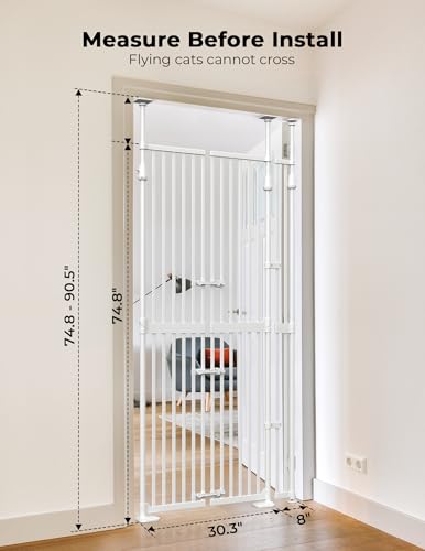 Sprouterie Extra Tall Cat Gate for Doorway: 74.8"-90.5" Tall Cat Gates for Pet 30.3"-38.2" Wide Pressure Mount No Wall Drilling for Indoor Stairs Doorway Room Door Dog Safety Barrier No Toddler