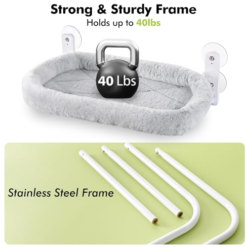AMOSIJOY Cordless Cat Window Perch, Cat Hammock for Wall with 4 Strong Suction Cups, Solid Metal Frame and Two Replaceable Covers, Foldable Cat Beds for Indoor Cats (Large-Cushion Bed-Gray)
