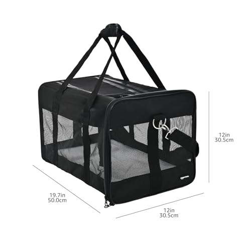 Amazon Basics Airline Approved Soft-Sided Mesh Pet Travel Carrier with Shoulder Strap, Removable Washable Fleece Pad, Top Opening, Ventilation for Dog, Cat, up to 22 pounds, 19.7Lx12Wx12H in., Black