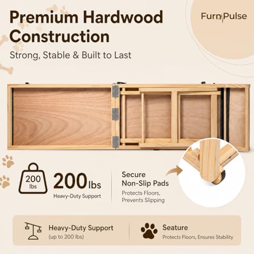 FurnPulse Extra Large Dog Ramp 63‘’L for High Bed, Couch & SUV – 200 Lb Heavy Duty Solid Wood Pet Ramp, 6 Adjustable Height – Portable Stable Non-Slip Steps for Medium to XL Dogs