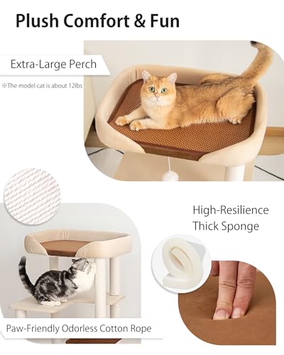 PETTIFUL Cat Tree for Large Cats, Modern Senior Friendly Cat Tower with Wide Shelves, Cotton Scratching Posts, Super Sturdy Base, Cozy Perches, and Interactive Toys for Indoor Kittens, 37.4'' Cream.