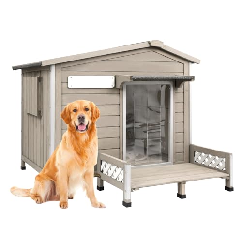 Gowoodhut Weatherproof Dog House Outdoor Wooden Chew-Proof Iron Frame, Removable Floor and Adjustable Window for Small Medium Some Large Dogs(Gray, 40" L x 40" W x 35" H)