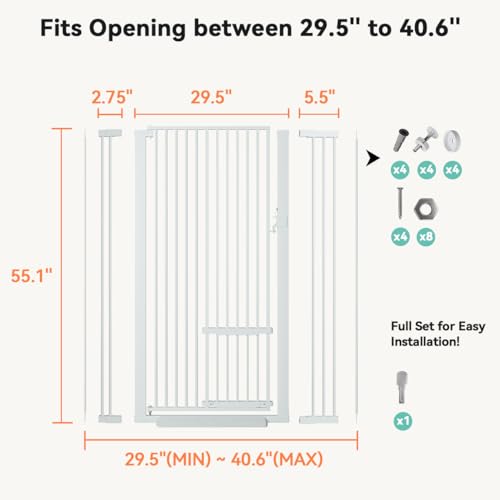 COMOMY 55.1" Extra Tall Pet Gate for Cats, Extra Wide Cat Gate with Adjustable Cat Door, Pressure Mounted Easy Walk Through Pet Gate with Door for Stairs, Doorways, Kitchen(White, 29.5-40.6")