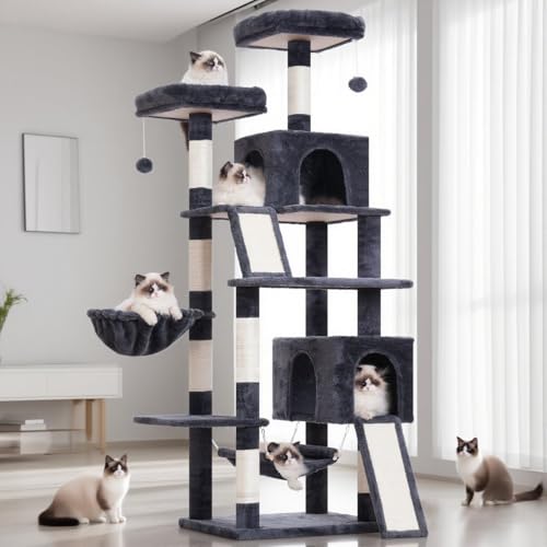 Gitelsnour Cat Tree for Indoor Cats, 71'' (180cm) Multi-Level Cat Tower for Large Adult, Sturdy Cat Tree House with 2 Scratching Boards 7 Posts, 2 Plush Perches/Condos, Hammock, Smoky Gray GCT032G