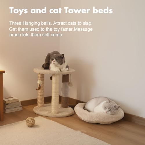 MECOOL 4in1 Small Cat Tree,Scratching Post with Tower Soft Bed, Sisal Carpet Jute Posts with Three Hanging Ball Toys and Massage Brush for Indoor Cats and Kittens