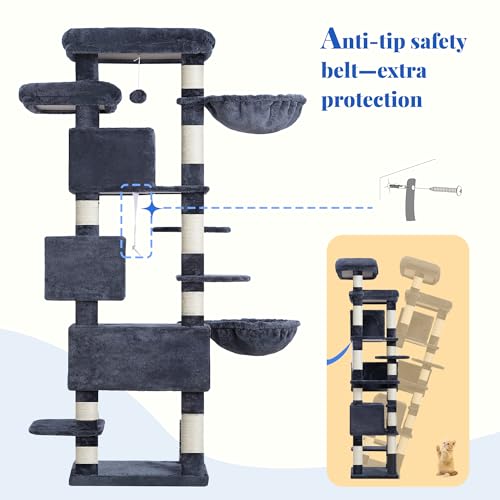Hey-brother Cat Tree, 74 inches Multi-Level XL Large Cat Tower for Indoor Cats with Three Cat Condos, Two Large Top Decks and Cat Hairbrushfor Kittens, Cats and Pets, Smoky Gray MPJ035-MG