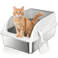 OneBug Stainless Steel High Sides Cat Litter Box with Scoop, Open Top Litter Pan for Indoor Cats, Easy to Clean, Reduced Litter Scatter, Medium