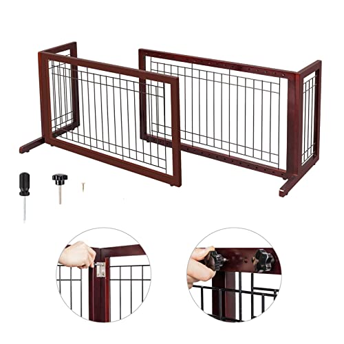Bonnlo Free Standing Dog Gate, 37" - 68" Wide Pet Gate for Fireplace Stairs Doorways, Wooden Adjustable Pet Fence Indoor, Christmas Tree Gate (Cherry)
