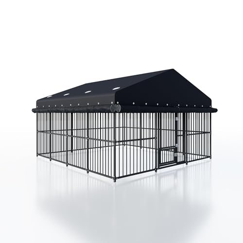 10x10x6 FT Outdoor Dog Kennel with Roof, Heavy Duty Outside Dog Cage for Large Dogs, Metal Pet Enclosure with Triple Safety Locks Dog Fence with Gate