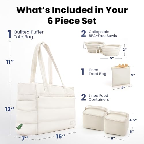 rubyloo Puffer Dog Travel Bag for Dog Moms – Doggy Diaper Bag with Pet Bowls & Food Storage or Everyday Puffy Tote – Doggy Mom Gifts for Women – Lightweight, Travel-Ready Gift for Pet Lovers – Beige
