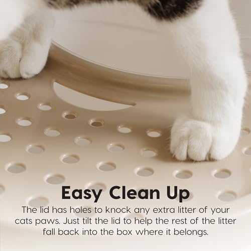 IRIS USA Cat Litter Box Large Top Entry with Lid Enclosed Covered Hooded Design Litter Catching Scatter Shield Pan Dog Proof Pet Proof Scoop Included Odor Control for Indoor Cats Kittens White/Beige