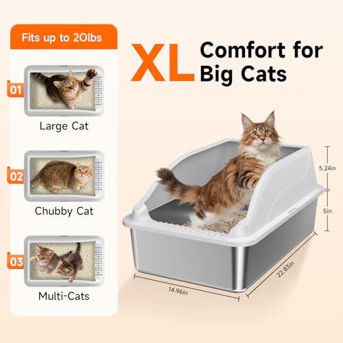2PACK Stainless Steel Cat Litter Boxes, XL Large Metal Litter Box with High Sides Lid, Odor Free Litter Pan Include Scoop Easy Cleaning Anti-Scratch Kitty Cat Box Anti-Urine Leakage, Non-Sticky