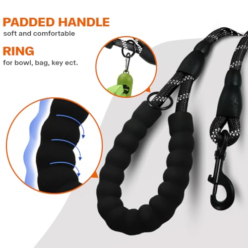 Taglory Rope Dog Leash 6 FT with Comfortable Padded Handle, Highly Reflective Threads Leash and Anti-Tangle Clip for Walking Medium Large Dogs, 1/2 inch, Black