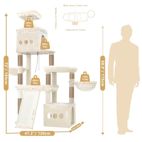 Heybly Cat Tree, 72.4-Inch Anti-Tip Cat Tower for Large Cats, All-in-One Cat Furniture with Spacious Perches, Multiple Interactive Areas, Extra-Large Sisal Scratching Board, Beige HCT060MJ
