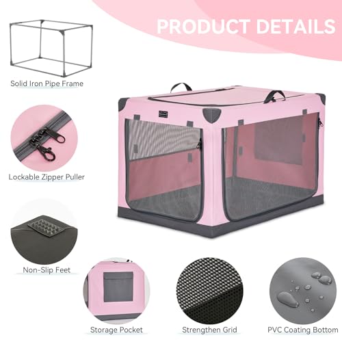 PETSFIT 26" Soft Portable Dog Crate – Patented Spiral Sturdy Frame, Collapsible Travel Kennel for Small Dogs, 3 Mesh Door, Lockable Zippers, Indoor & Car Use Pink