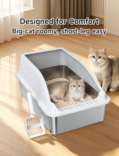 KISENG Stainless Steel Cat Litter Box, Extra Large XL Odor Free Metal Litter Box with High Sides Lid, Open Top Litter Pan Include Scoop Easy Cleaning Kitty Cat Box Anti-Urine Leakage, Non-Sticky