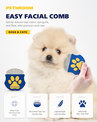 PETHROOM Professional Eye Comb for Pets | Stainless Steel Tear Stain Remover for Cats & Dogs | Gentle Round-Head Grooming Tool | Compact & Portable for Eye Gunk Removal