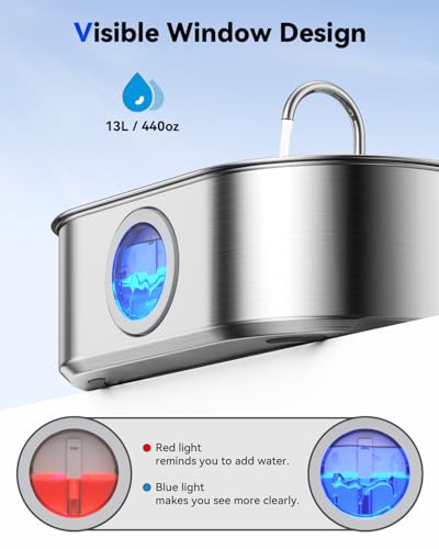 3.4Gal Dog Water Fountain for Large Dogs, 13L Stainless Steel Large Pet Fountain with Deeper & Wider Drinking Area, Automatic Dog Water Bowl Dispenser with Water Window
