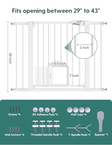 Babelio Baby Gate with Adjustable Cat Door,29-43" Auto Close Durable Pet Door for Stairs,Doorways and House,Pressure Mounted,Easy Install,Effortless Walk Thru,White