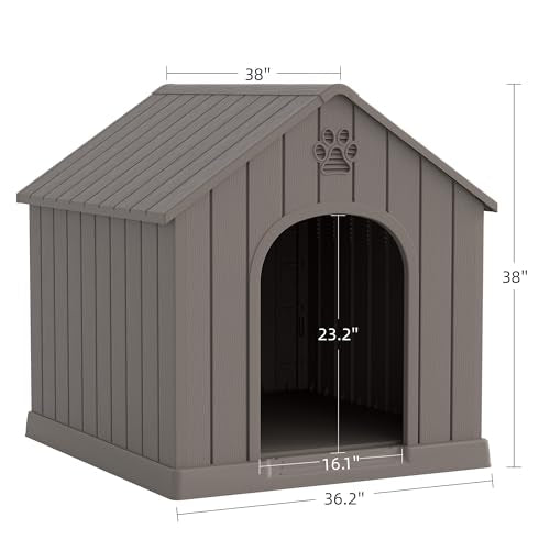 Fancyango Large Dog House Outdoor Indoor for Medium Large Dogs, Sturdy Plastic Waterproof Doghouse with Air Vents and Elevated Floor, Easy Clean and Assemble (Grey, 36.2''L×38''W×38''H)