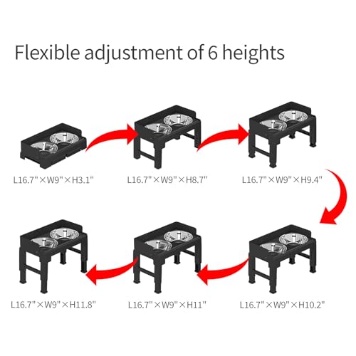 PAKEWAY Elevated Dog Bowls, Spill Proof, Tiltable Dog Feeder with 2 Stainless Steel Bowls, 6 Height Adjustable Raised Bowl