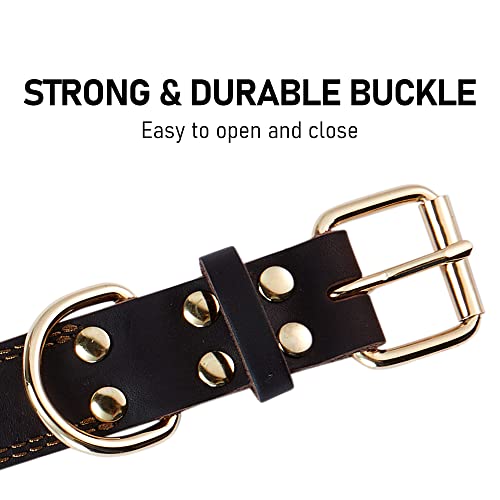 DAIHAQIKO Genuine Leather Dog Collar, Heavy Duty Wide Dog Collar for Small,Medium, Large and Extra Large Dog (L: 1.2" Wide for 17"-23" Neck, Dual Stitch - Brown)