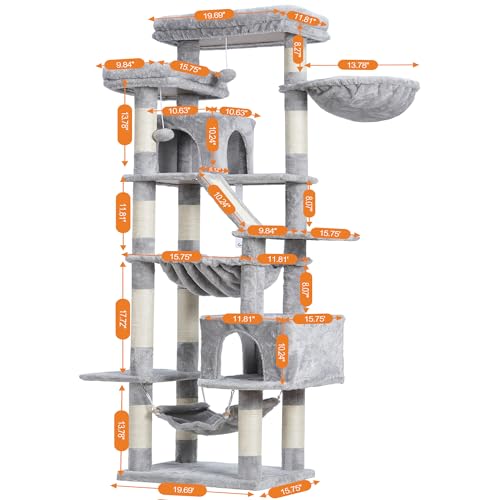 Heybly Cat Tree, 71-Inch-Tall Tower for Indoor Cats with 2 Perches, 2 Big Condos, 2 Hammocks, Basket, Scratching Pad, Large Cat Furniture and Condo, Light Gray HCT034W