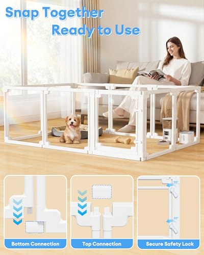 Pawaura Clear Acrylic Dog Playpen Indoor,Tool-Free Assembly & Easy Clean,24 in Puppy Playpen with Door for Small Dogs/Cats/Rabbits/Pigs/Ferret,Indoor and Outdoor Use,10 Panels(White)