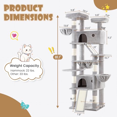 SHA CERLIN 81in Multi-Level Tall Cat Tree Tower for Indoor Kitties/Larger Cat Condo Furniture with Hammock/Cozy Pussycat Perches/Sisal Scratching Posts/Pet House/Wide Base/Grey