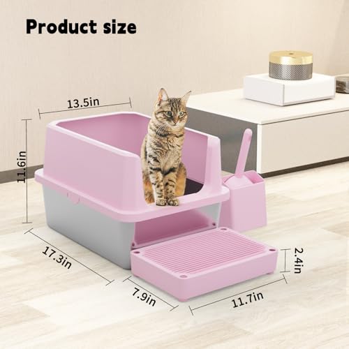 RIZZARI Pink Open-Top Cat Litter Box with Stainless Steel Pan - Extra-Large, Non-Porous & Easy Clean, High Sides Anti-Scatter, Includes Scoop, for Apartment Bathroom or Laundry Room