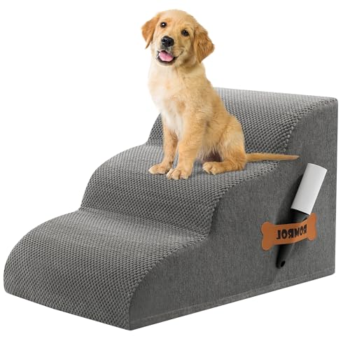 Romrol Dog Stairs Ramp for High Bed, 33D Pet Stairs Steps 15.7” H with Durable Non-Slip Waterproof Fabric Cover, Dog Slope Stairs to Bed for Small Dogs and Cats or Pets Joints, 3-Steps