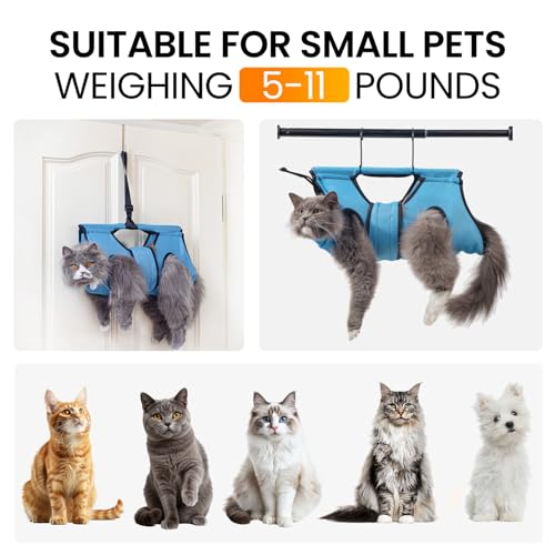 Pet Grooming Hammock for 5-11 lbs Pets, Door-Hook Hanging with Adjustable Height & Full Straps, Machine Washable with 1 Tool Bag Included Blue