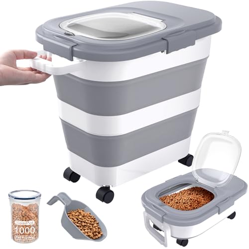 DDMOMMY 23-25 Lbs Airtight Dog Food Storage Container,Collapsible Dog Food Container with Lid,Wheels,Handle,Large Pet food storage Container with Scoop,Small Food Container for Dog Cat