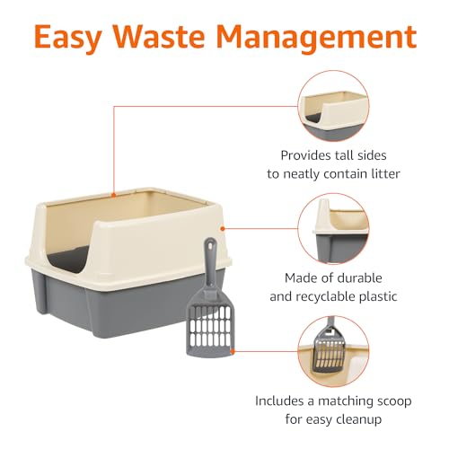 Amazon Basics Large Cat Litter Box with High Sides, Open Top for Easy Access, Includes Scoop with Storage, 19" x 15" x 11.75", Grey/Beige