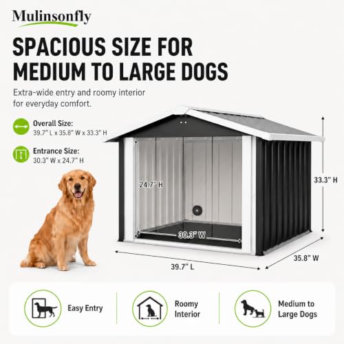Mulinsonfly 40 Inch Heavy Duty Metal Dog House for Medium and Large Dogs, Outdoor Dog Shelter with Raised Floor, PVC Curtain, Vent and Sloped Roof, Weather Resistant for Backyard Patio