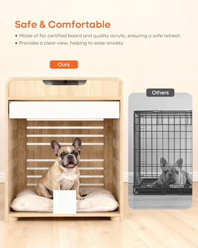 Modern Dog Crate Furniture with Charging Station Medium Kennel Indoor with Flip-up Hidden Acrylic Door for Small and Medium Breeds up to 50lb Wood Pet End Side Table Cage, Oak