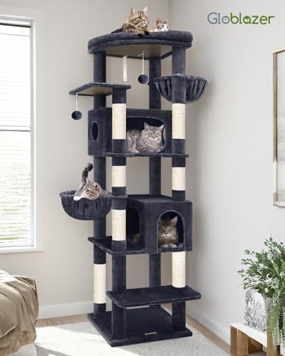 Globlazer Heavy Duty Cat Tree, 74in Sturdy Cat Tower for Large Cats Adult, Big Cat Tree with 7 Sisal Scratching Posts, 2 Padded Condos, 2 Dual-Ear Hanging Baskets, Enlarged Top Perch, S74, Dark Grey