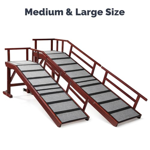 KUVETO Dog Ramp for Bed or Couch, Wooden Pet Ramp with 20° Gentle Slope, Removable Side Rails, Non-Slip Surface, Top Platform & Wheels, Safe Bed Ramp for Small, Large & Senior Dogs, 74" Long, Mahogany