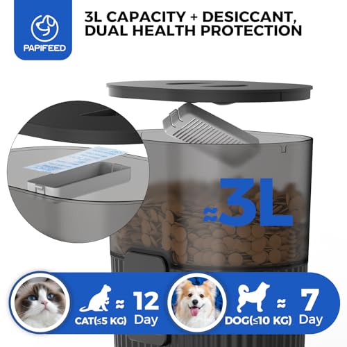 PAPIFEED Automatic Cat Feeder with App, 2.4G WiFi Cat Food Dispenser, 3L Slow Feeder Timed Cat Feeders for Dry Food, 10 Meals/Day, 6 Portions/Meal, Dual Power Supply Smart Pet Feeder for Small Dog