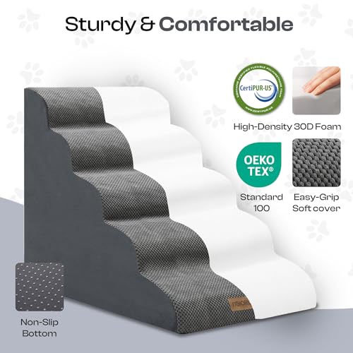 Miorun Extra Wide Dog Stairs for Large Dogs Up to 80lbs, 25" Pet Steps for High Bed with Washable Cover, 5-Step Foam Bed & Couch Ladder for Small Medium Dogs & Senior Cat, Gray